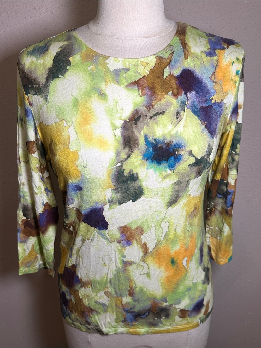 Leggiadro Colorful Watercolor Print 3/4 Sleeve Top Blouse women’s size 3 Medium